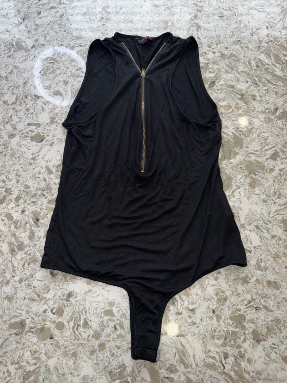 G by Guess Black Sleeveless Zip-Front Bodysuit with Gold Zipper